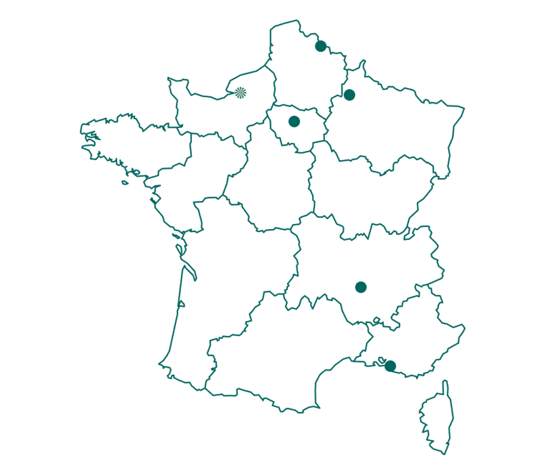 Map of France with the five campuses : Clichy-sous-Bois, Reims, Marseille, Roubaix, Valence.